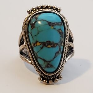 Turquoise Stone Style Silver Ring Antiqued  Metal Adjustable Coastal Boho Native